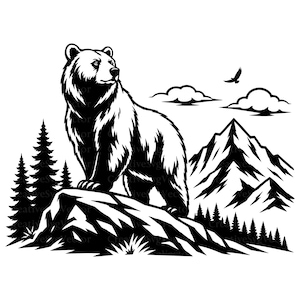 May include: A black and white graphic illustration featuring a bear standing on a rocky outcrop. The scene includes a mountain range in the background, a cluster of pine trees to the left, two clouds in the sky, and a bird flying overhead.
