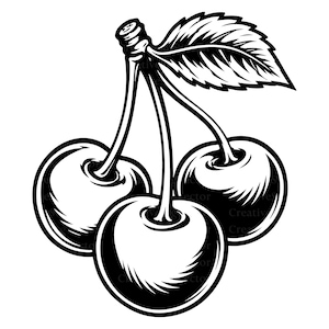 Könnte beinhalten: Eine schwarz-weiße grafische Illustration von drei Kirschen, die an einem gemeinsamen Stiel mit einem markanten Blatt befestigt sind. Das Design zeichnet sich durch kräftige Umrisse und kontrastreiche Schattierungen aus.
