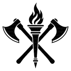 May include: A black graphic illustration featuring two crossed axes positioned behind a central upright torch with a flickering flame. The design is symmetrical, showcasing sharp axe blades and a detailed torch handle in a solid black silhouette.