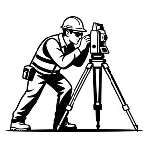 May include: A black and white graphic illustration of a land surveyor wearing a hard hat, sunglasses, and a high-visibility vest. The surveyor is looking through a total station surveying instrument mounted on a tripod with three legs.