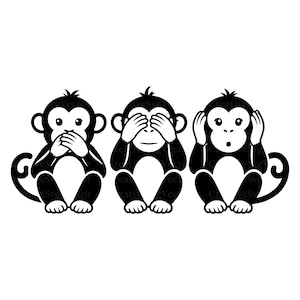 Pode incluir: Uma ilustração gráfica a preto e branco de três macacos sentados em fila. O primeiro macaco cobre a boca, o segundo cobre os olhos com ambas as mãos e o terceiro macaco cobre as orelhas, representando os três macacos sábios.