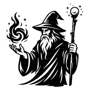 May include: A black and white graphic illustration of a bearded wizard wearing a pointed hat and robe. The wizard holds a staff topped with a glowing orb in one hand and conjures a swirling flame with the other, surrounded by small star shapes.
