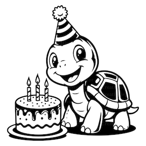 Peut inclure: Une illustration en noir et blanc au trait représentant une tortue souriante portant un chapeau de fête rayé avec un pompon. La tortue est placée à côté d'un gâteau d'anniversaire rond décoré de trois bougies allumées et d'un glaçage ondulé.