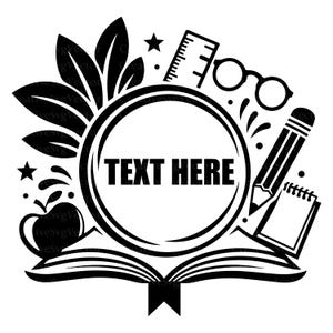 Pode incluir: Um design gráfico a preto e branco com um círculo central com o texto "TEXT HERE" rodeado por ícones relacionados com a escola, incluindo um livro aberto, um lápis, uma régua, óculos, uma maçã, folhas e estrelas num fundo branco.