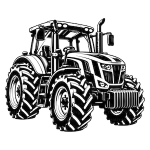 Könnte beinhalten: Eine schwarz-weiße grafische Illustration eines modernen landwirtschaftlichen Traktors. Das Fahrzeug verfügt über große Reifen mit tiefem Profil, ein markantes Auspuffrohr, eine Kabine mit Fenstern und ein Frontgewicht, dargestellt im Tusche-Stil.