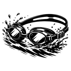 以下が含まれることがあります： ダイナミックな水しぶきに囲まれた水泳用ゴーグルの白黒グラフィックイラスト。ゴーグルはブリッジでつながれた2つの円形レンズを備え、側面には調整可能なストラップとバックルが見え、動きのある躍動感を表現しています。
