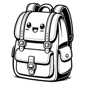 Puede incluir: Una ilustración de arte lineal en blanco y negro de una mochila que presenta una cara de estilo kawaii con ojos grandes y una boca sonriente en la solapa frontal. La mochila incluye dos correas verticales con hebillas, un bolsillo frontal y bolsillos laterales.