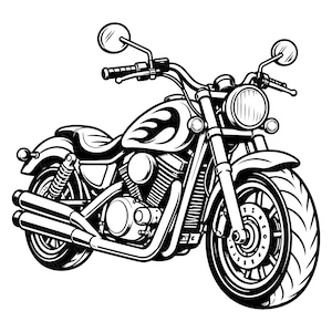 May include: A black and white graphic illustration of a cruiser motorcycle. The bike features a fuel tank with flame decals, a round headlight, dual exhaust pipes, spoked wheels, and two rearview mirrors, rendered in a clean line art style.