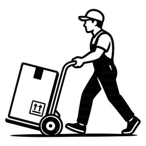 May include: A black and white graphic illustration of a worker wearing a cap and overalls, walking while pushing a two-wheeled hand truck. The hand truck carries a rectangular box featuring a square label with two upward-pointing arrows.