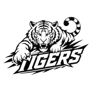 May include: A black and white graphic illustration of a snarling tiger with its front paw extended forward. The tiger is positioned above the word TIGERS, which is written in a bold, slanted, sans-serif font with sharp, jagged edges.