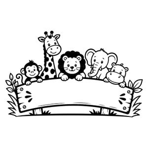 Könnte beinhalten: Eine schwarz-weiße Strichzeichnung mit einem Affen, einer Giraffe, einem Löwen, einem Elefanten und einem Flusspferd, die über ein leeres Holzschild schauen. Das Schild ist mit einfachen Gras- und Blattmotiven verziert und grafisch gestaltet.