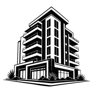 May include: A black and white graphic illustration of a multi-storey apartment building featuring stacked balconies, large rectangular windows, and a ground-level entrance. The structure is surrounded by stylised plants at the base.
