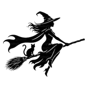 May include: A black silhouette graphic featuring a figure wearing a pointed hat and a flowing cape, riding a broomstick. A small cat sits on the broom handle behind the figure. The design includes repeating text watermarks throughout the image.