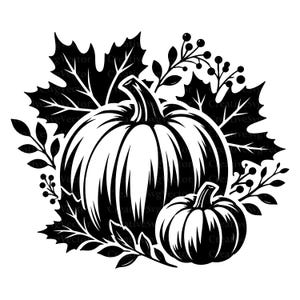 May include: A black and white graphic illustration featuring two pumpkins of different sizes, surrounded by detailed maple leaves and sprigs of berries. The design is composed of solid black shapes and lines on a plain white background.