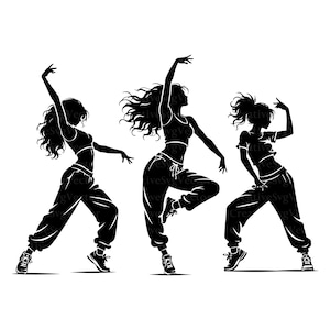 May include: A black silhouette graphic featuring three figures in dynamic dance poses. Each figure wears a crop top, loose-fitting sweatpants, and trainers. The figures have long, flowing hair and are captured in mid-motion with arms raised.