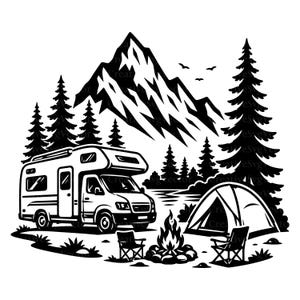 May include: A black and white graphic illustration featuring a recreational vehicle parked near a tent and a campfire. The scene includes tall pine trees, a large mountain range in the background, and three small birds flying in the sky above.