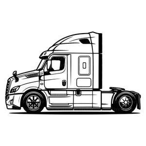 May include: A black and white vector illustration of a semi-truck cab viewed from the side. The design features clean lines, a high-roof sleeper cabin, detailed wheels, and a prominent front grille, presented as a graphic silhouette on a white background.