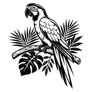 May include: A black and white graphic illustration of a macaw parrot perched on a thick branch. The bird is surrounded by detailed tropical foliage, including large palm fronds and a single monstera leaf, rendered in high-contrast ink style.