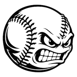 Peut inclure: Une illustration graphique en noir et blanc d'une balle de baseball présentant une expression faciale stylisée et agressive avec des yeux plissés et des dents serrées. Le design inclut le motif de couture incurvé caractéristique.