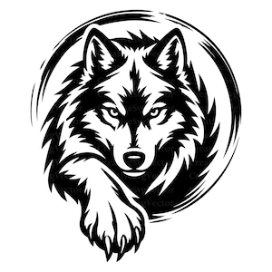 May include: A black and white graphic illustration of a wolf head centred within a circular frame. The wolf is depicted with sharp, stylised fur details, pointed ears, and an intense forward-facing gaze, with one paw extending downwards.