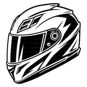 Op de afbeelding: Een zwart-witte grafische illustratie van een integraalhelm voor motorrijders. Het ontwerp bevat scherpe, hoekige lijnen, een groot getint vizier en een opvallende ventilatieopening aan de bovenzijde in een contrastrijke stijl.