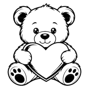 Puede incluir: Una ilustración de arte lineal en blanco y negro de un oso de peluche sentado que sostiene un corazón grande. El oso presenta orejas redondeadas, ojos circulares grandes, una nariz pequeña y almohadillas en los pies. El diseño usa contornos.