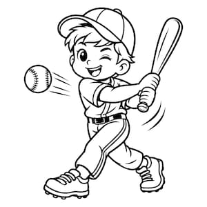 Può includere: Un'illustrazione in bianco e nero a tratto di un giocatore di baseball con berretto e divisa, che colpisce una palla con una mazza. Il personaggio ha un'espressione ammiccante ed è ritratto in un movimento dinamico con linee di movimento.