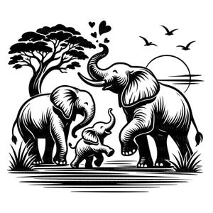 May include: A black and white graphic illustration featuring two adult elephants and a calf walking together in a savanna landscape. The scene includes a large tree, a sun, flying birds, and floating heart shapes above the elephants.