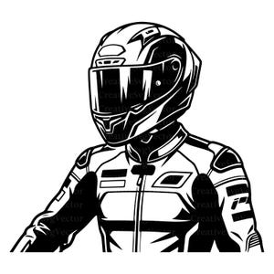 Könnte beinhalten: Eine schwarz-weiße grafische Illustration eines Motorradfahrers, der einen Integralhelm mit dunklem Visier und eine schützende Rennjacke trägt. Das Design zeichnet sich durch kräftige Linien und kontrastreiche Schattierungen aus.
