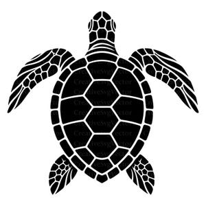 Könnte beinhalten: Eine schwarz-weiße grafische Illustration einer Meeresschildkröte von oben gesehen. Das Design zeigt einen massiven schwarzen Panzer mit weißen geometrischen Umrissen, einen detaillierten Kopf und vier ausgestreckte Flossen mit Schuppen.