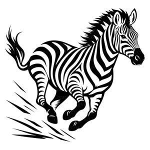 Könnte beinhalten: Eine schwarz-weiße grafische Illustration eines Zebras in einer dynamischen Laufpose. Das Zebra weist kräftige, kontrastreiche Streifen am ganzen Körper, eine fließende Mähne und einen erhobenen Schwanz auf, dargestellt mit klaren Linien.