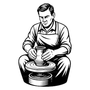 Könnte beinhalten: Eine schwarz-weiße grafische Illustration eines Töpfers mit Schürze, der sich auf das Formen eines Tongefäßes auf einer Töpferscheibe konzentriert. Das Design verwendet kräftige Linien und Schattierungen, um den Handwerker im Sitzen darzustellen.