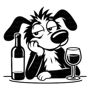 Könnte beinhalten: Eine schwarz-weiße grafische Illustration eines Hundes mit müdem Gesichtsausdruck, der seinen Kopf auf eine Pfote stützt. Der Hund ist zwischen einer Weinflasche links und einem Weinglas mit Stiel rechts platziert, vor einem weißen Hintergrund.