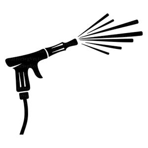 Puede incluir: Una silueta gráfica negra de una pistola de pulverización de alta presión con un mango de gatillo y una conexión de manguera en la base, que emite un patrón de rociado en abanico de siete líneas horizontales distintas desde la boquilla.