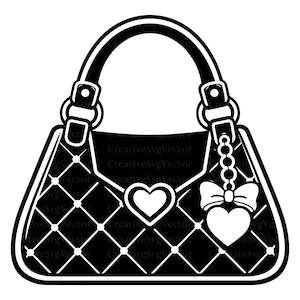 May include: A black and white graphic illustration of a handbag featuring a quilted diamond pattern with small dots at each intersection. The bag has a top handle, a heart-shaped clasp on the front flap, and a dangling charm with a bow and heart.
