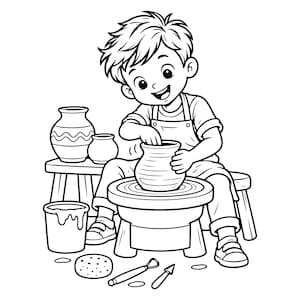 May include: A black and white line art illustration of a child wearing an apron, sitting on a stool while shaping a clay pot on a pottery wheel. Nearby are two finished vases on a small table, a bucket, a sponge, and two sculpting tools.