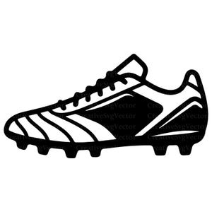 May include: A black and white graphic illustration of a soccer cleat shown from the side profile. The shoe features a lace-up design, a padded collar, and a series of studs on the sole, presented as a clean, high-contrast vector style silhouette.