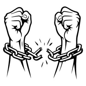 May include: A black and white graphic illustration featuring two raised fists, each bound by a metal chain. The chains are depicted as broken in the center, with small lines radiating from the point of breakage to signify the action of snapping.