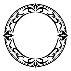 May include: A circular frame design featuring a bold black and white graphic pattern. The border consists of symmetrical, pointed, and curved shapes arranged in a repeating motif around the center, creating a sharp, high-contrast visual element.