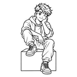 May include: A black and white line art illustration of a person with short, messy hair, wearing a hooded sweatshirt and loose-fitting trousers. The person is sitting on a square block, resting their chin on one hand while winking at the viewer.
