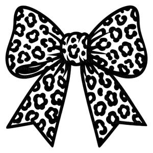 May include: A black and white graphic illustration of a bow featuring a repeating leopard print pattern. The design consists of two large loops at the top and two pointed tails extending downwards, all outlined in a bold black line.
