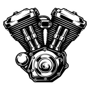 May include: A black and white graphic illustration of a V-twin motorcycle engine. The design features detailed cooling fins on the cylinders, prominent valve covers, and a central circular engine casing with visible bolts and mechanical components.