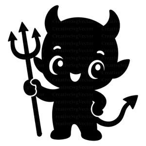 Pode incluir: Uma silhueta preta de um personagem de desenho animado de diabo com chifres, uma cauda pontiaguda e olhos grandes, segurando um tridente. O texto CreativeSvgVector é repetido no fundo em uma fonte de cor cinza claro.