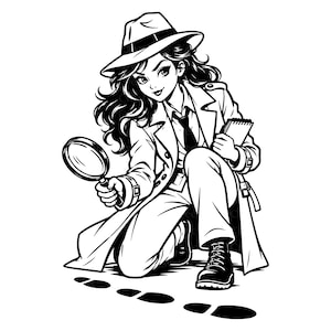 Puede incluir: Una ilustración de arte lineal en blanco y negro de un detective con gabardina y sombrero fedora, arrodillado mientras sostiene una lupa en una mano y un bloc de notas en la otra, examinando una serie de huellas en el suelo.