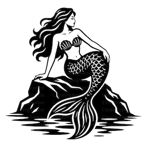 May include: A black and white graphic illustration of a mermaid with long flowing hair, wearing a seashell top, and featuring a detailed scaled tail. The mermaid is positioned sitting on a jagged rock formation that is surrounded by water.