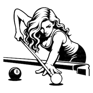May include: A black and white vector illustration of a person with long wavy hair leaning over a pool table to take a shot with a cue stick. A white cue ball is positioned at the tip of the cue, and a black eight ball sits nearby on the table.