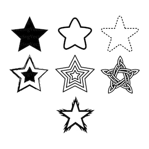 Peut inclure: Un ensemble de sept icônes d'étoiles en noir et blanc disposées en grille. Le jeu comprend une étoile pleine, un contour arrondi, un contour en pointillés, une étoile vieillie, une étoile imbriquée, une étoile celtique et une étoile enflammée.