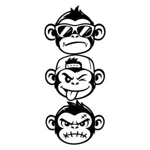 以下が含まれることがあります： 縦に並んだ3匹の猿の頭部を描いた白黒のグラフィックイラスト。一番上の猿はサングラスをかけ、真ん中の猿は野球帽をかぶって舌を出し、一番下の猿は口と額に縫い目のような模様が描かれている。
