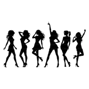 Pode incluir: Uma coleção de seis silhuetas pretas representando figuras em várias poses de pé e dançando. Cada figura veste um vestido curto e saltos altos, exibindo diferentes posições de braços, penteados e posturas de pernas em design gráfico.