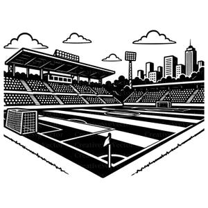 May include: A black and white line art illustration of a soccer stadium featuring a large field with corner flags, goal nets, and tiered seating under a roof. In the background, a city skyline with tall buildings is visible under several clouds.